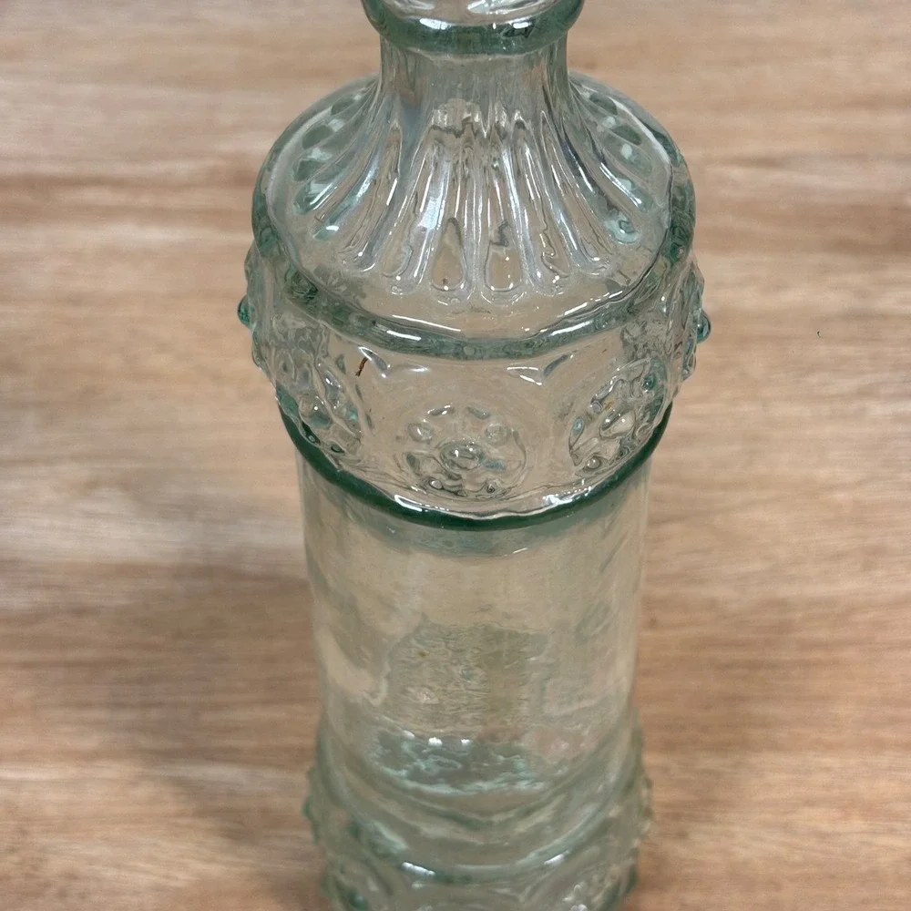 Vintage Embossed Floral Glass Bottle with Cork Stopper Tall Decorative Decanter